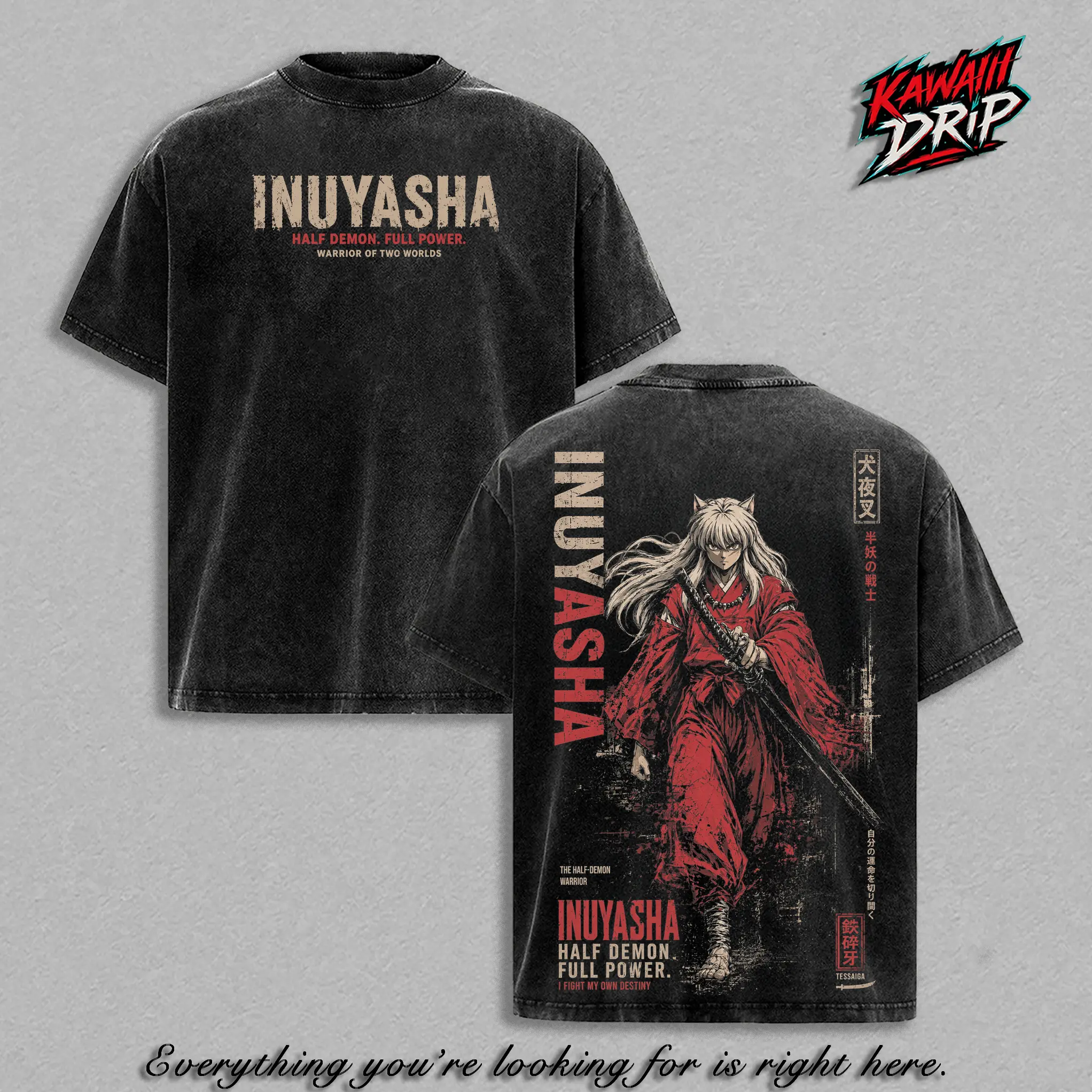 Inuyasha Tessaiga Warrior Vintage Washed Graphic Tee Manga Anime T-Shirt Streetwear Top Apparel Oversized Heavy Cotton Unisex Gift for Classic Anime Fans