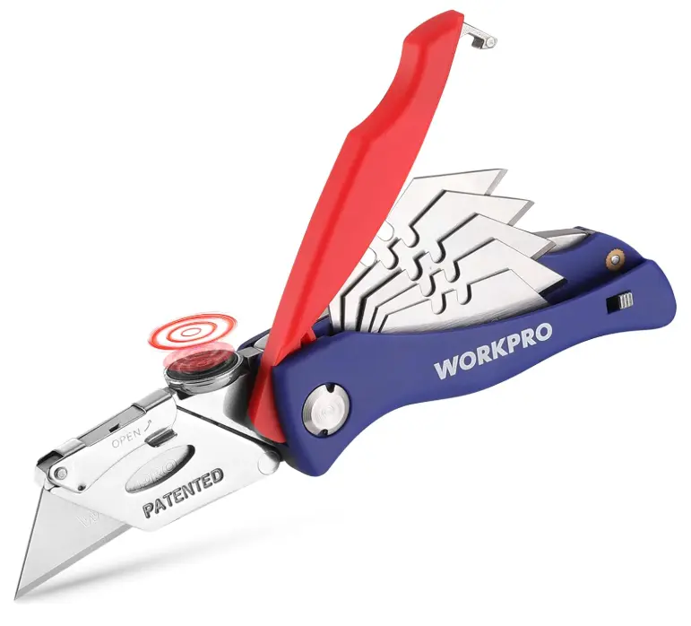 WORKPRO Folding Utility Knife, Quick-Change Box Cutter, Blade Storage in Handle with 5 Extra Blades Included