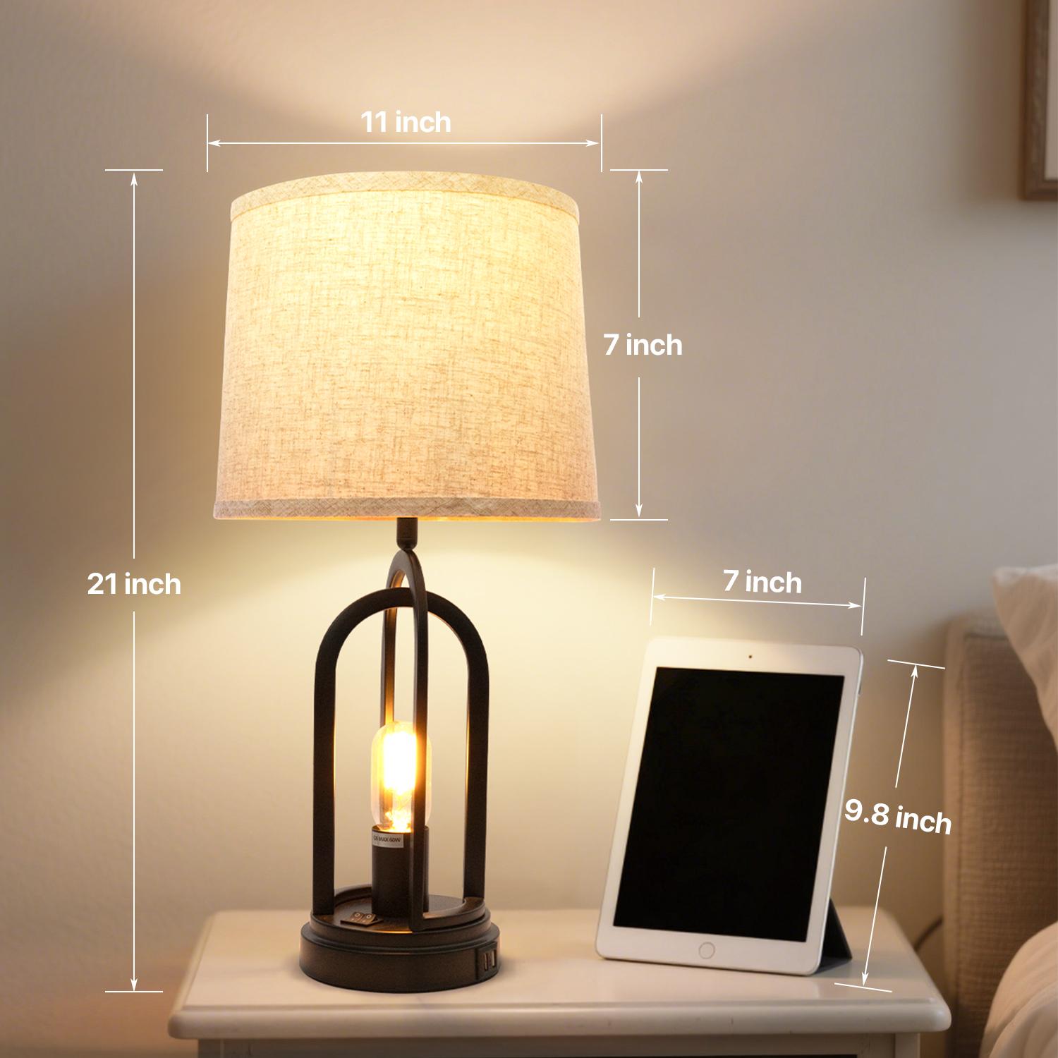 GLITGATE Set of 2 Rustic-Style Table Lamp, Natural Table Lamp with 2 USB Ports, Bedside Table Lamp with Button Control, Modern Night stand Lamp, Desk Farmhouse Lamp with Fabric Shad For Bedroom, Living Room, Reading, Decorative Home