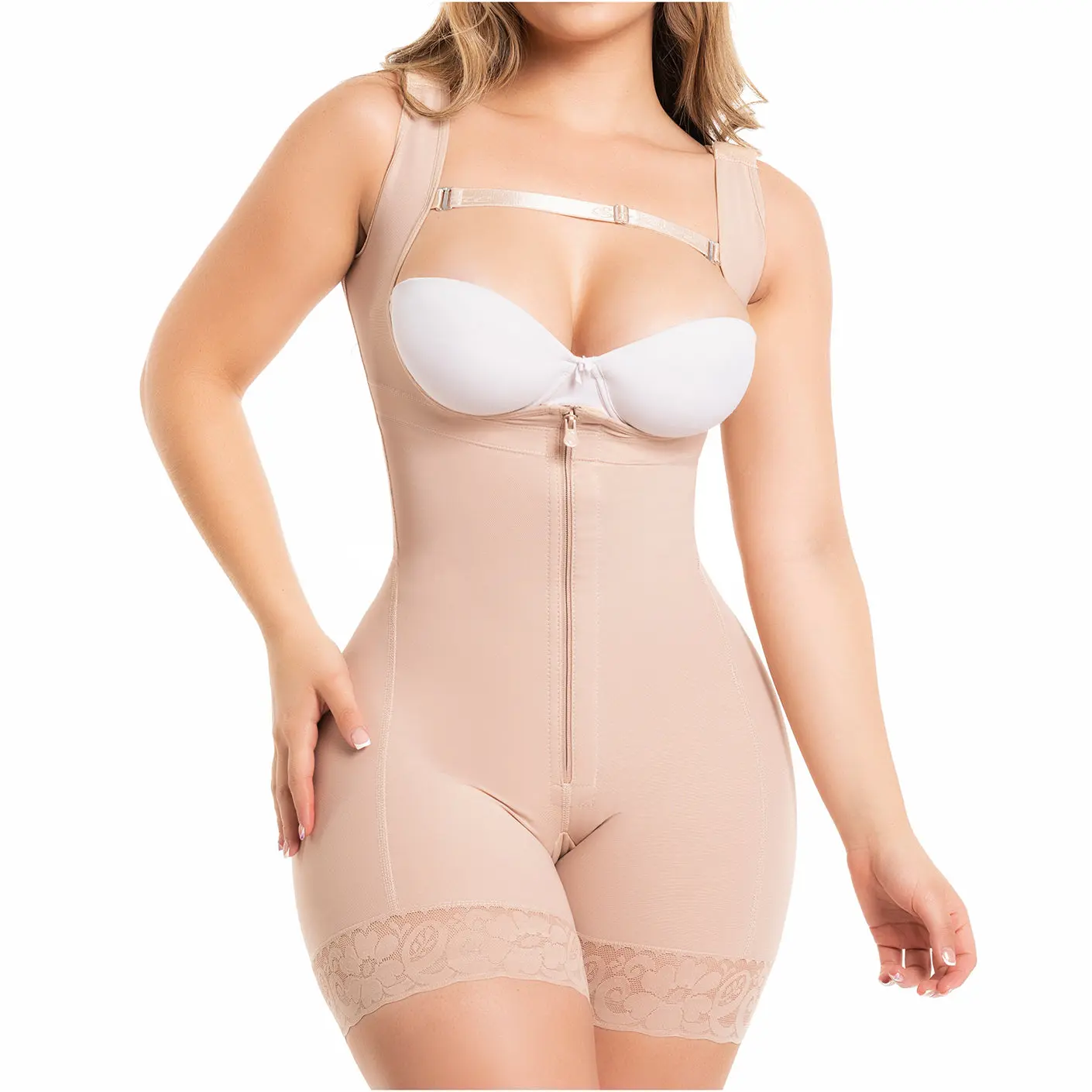 Fajas Salome 217 La Original | Colombian Powernet Bodysuit High Back Posture Support | Postpartum + Daily Tummy Control | Front Zipper Removable Straps Mid-Thigh — Made in Colombia