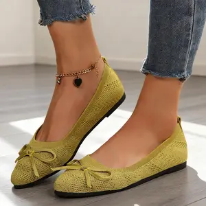 Women’s Pointed-Toe Knitted Ballet Flats – Breathable Fly-Knit Slip-On Shoes with Bow-Knot Detail, Comfortable Lightweight Casual Loafers for Office & Everyday Wear