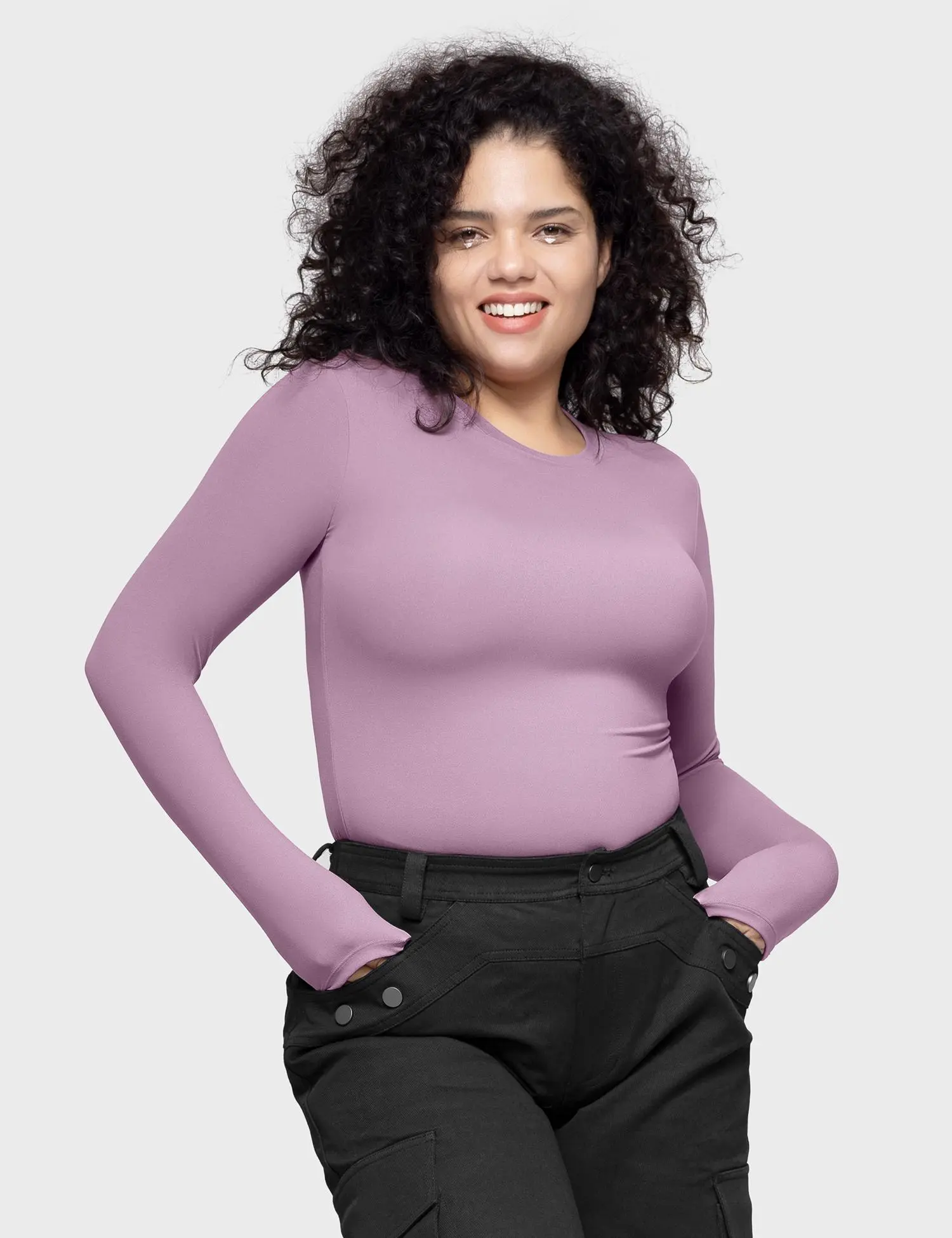 PUMIEY Women's Long Sleeve Cute Top, Slim Fit Double Layer Crew Neck Basic Compression Shirt for Casual and Office Outfits, Fashion Apparel, Women's Clothes, Smoke, Compression Shirts,back to school,back to school shopping