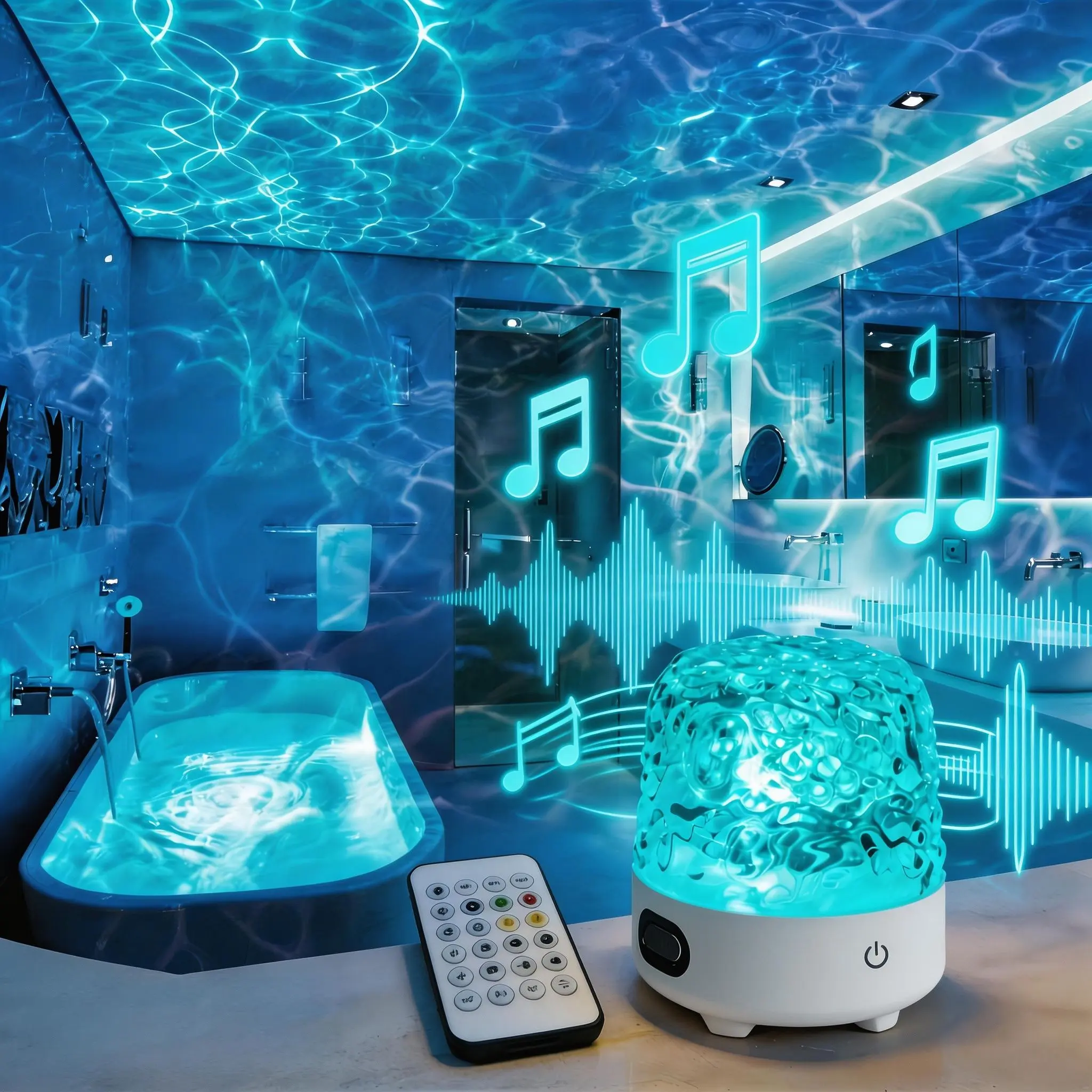 Shower ambiance wireless speaker light set with wave projection, 16-color adjustable LED ambient lighting, remote-controlled water ripple night light, fun home decor, cool room decor, suitable for bedrooms, living rooms, and bathrooms Stereo Portable