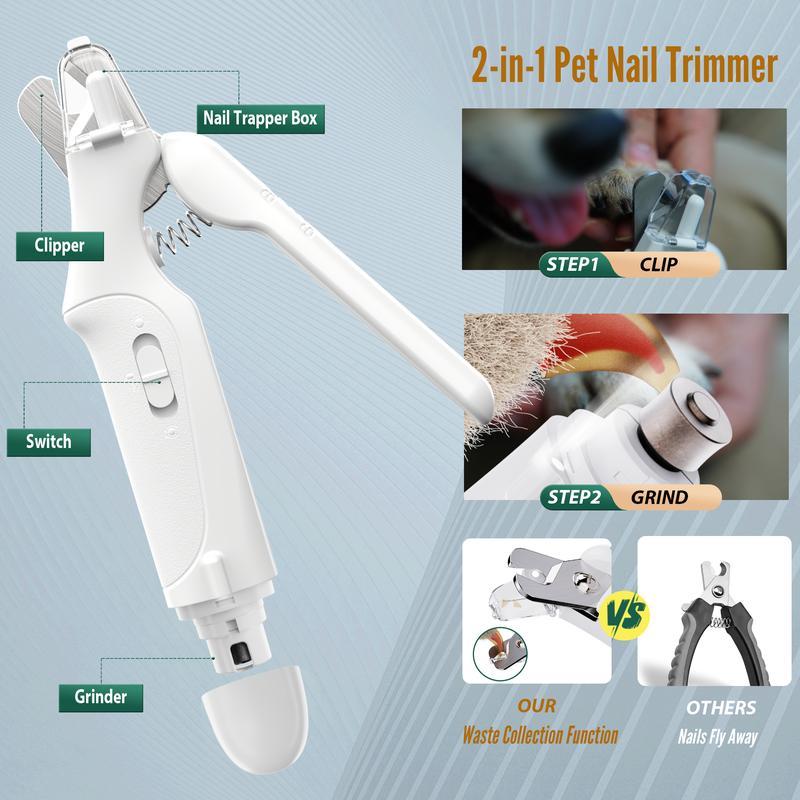 Pet nail grinder, multifunctional dog nailtrimmerand cat nail trimmer kit, ultra quietelectric petnail grinder, rechargeable, suitable fortrimmingsmall and large dogs, with a 4-hourbattery life pet hair