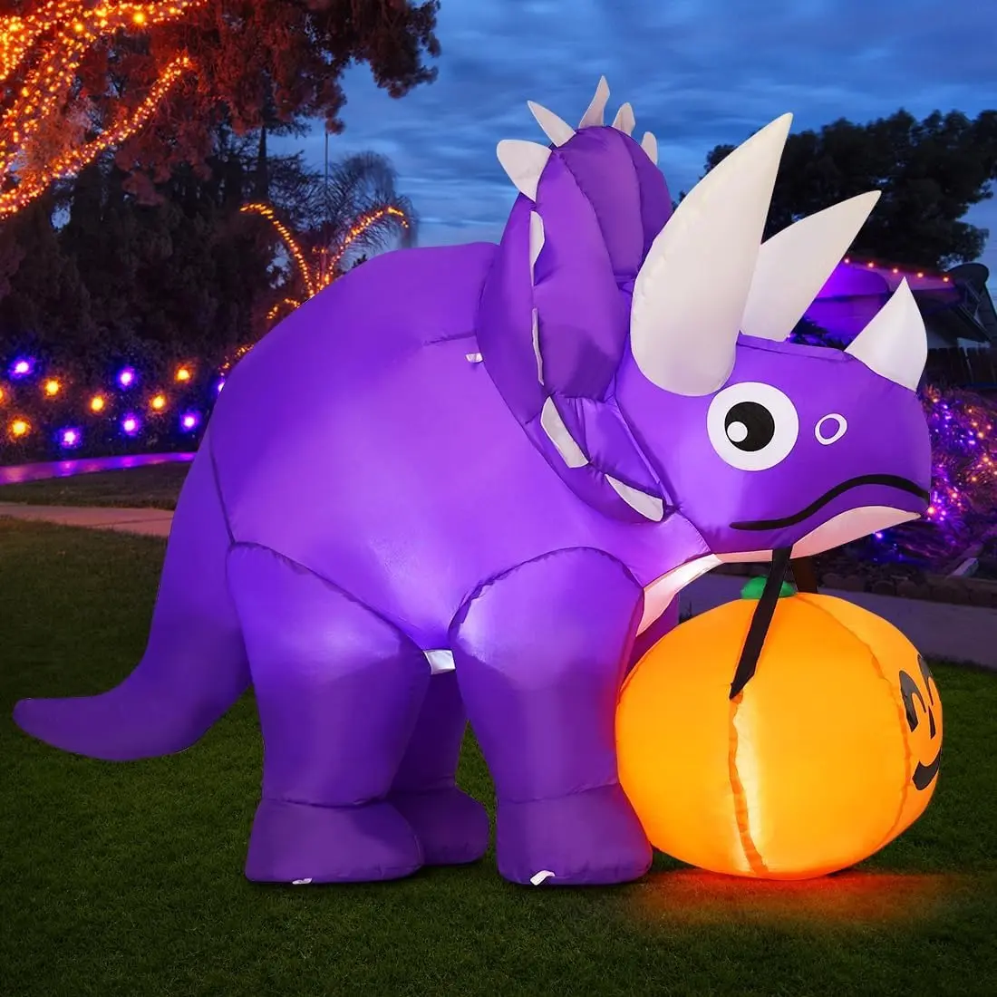 GOOSH 5ft Waterproof Halloween Inflatable Dinosaur Decor, Outdoor Yard Blow-Up Decor with Pumpkin, Built-in LEDs for Garden, Lawn, Indoor Party, Water Proof, Halloween Decor