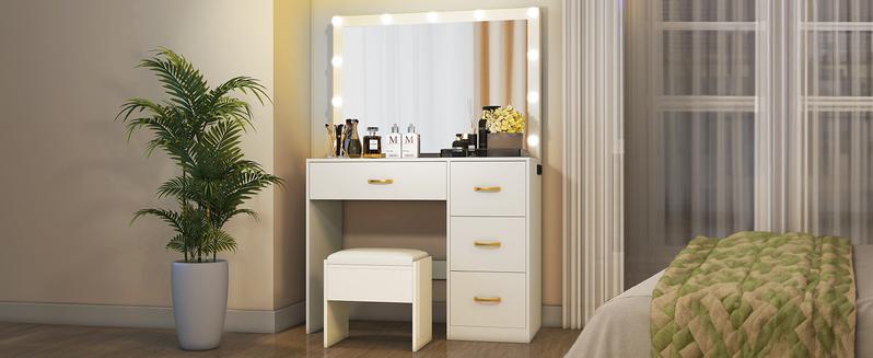 Yitahome Makeup Vanity with Lights and Charging Station, Vanity Mirror with Lights and Table Set, Large Vanity Desk with Storage Shelves, 3 Lighting Colors, White/Black