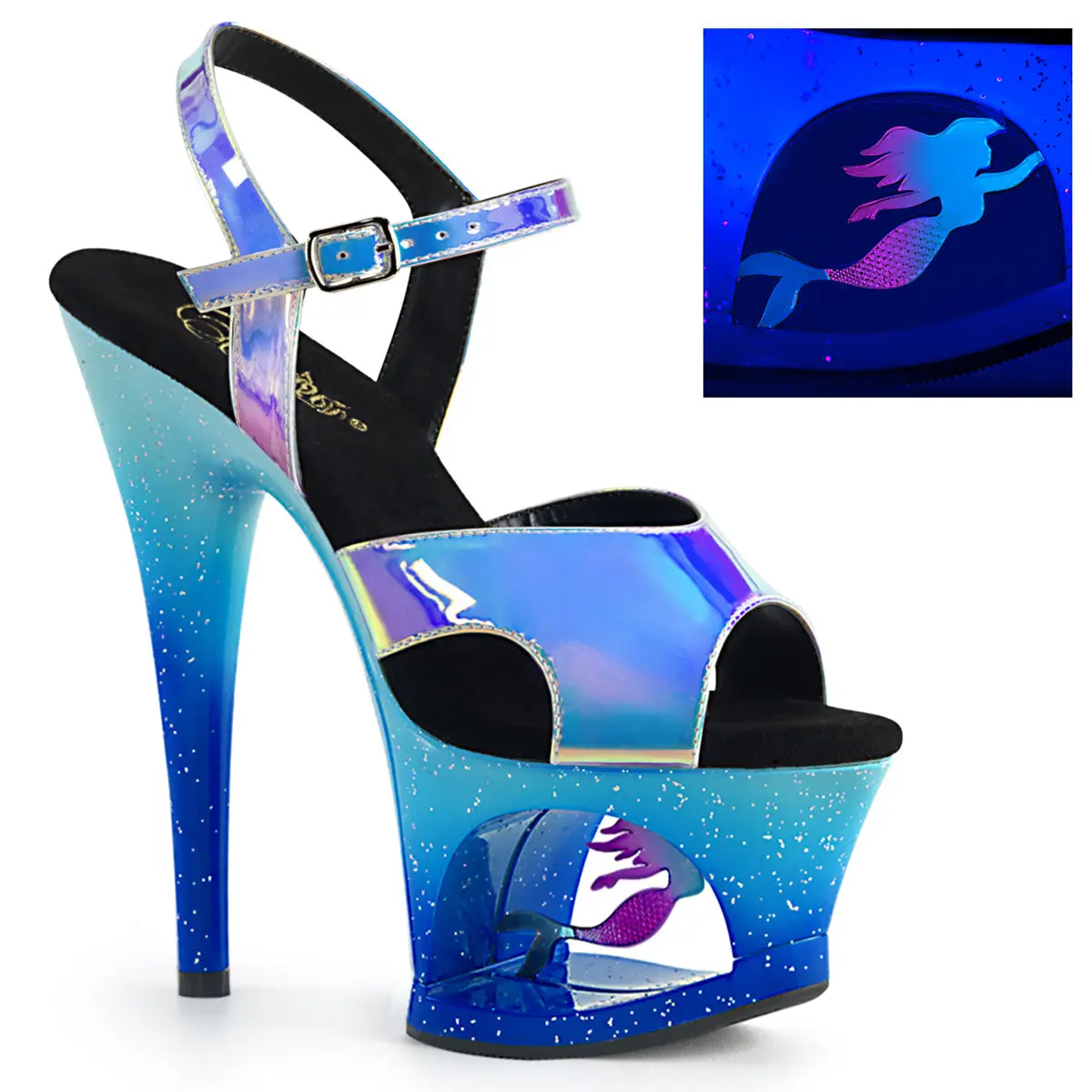 Women's Ankle Strap High Heels, Blue 7" Platform Sandals with Blacklight Reactive Glitter and Mermaid Cut-Out, Ankle-High Women's Heeled Sandals, Unique Sandals