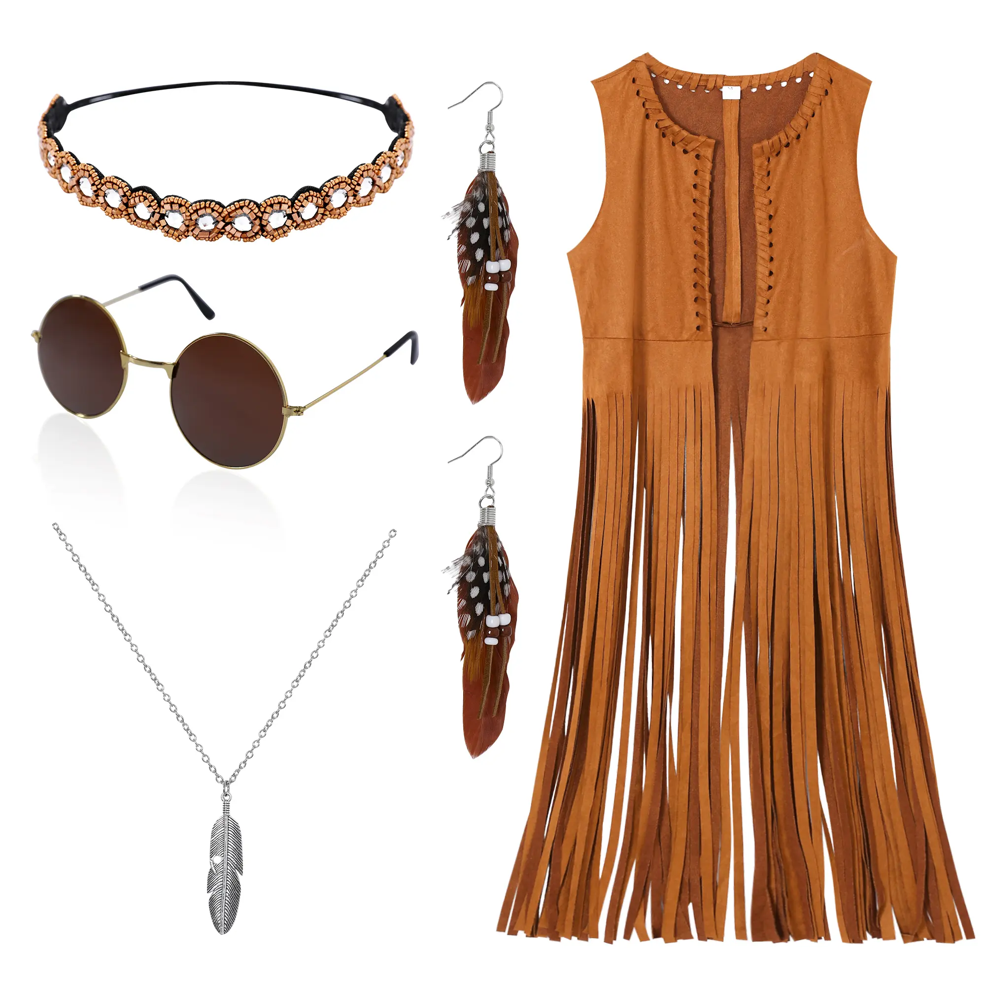 Women's Vintage 60s-70s Polyester Hippie Costume Set - Retro Fringe Vest Cowgirl Outfit with Flower-Crystal Headband, Sunglasses, Earrings, Necklace for Halloween Fancy Dress Cosplay