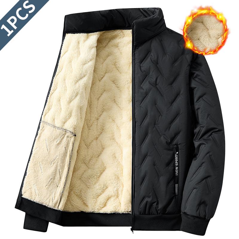 Men's Sherpa Lined Thickened Jacket - Winter Warm Coat with Stand Collar, Full Zipper Design, Windproof Outer Layer, Side Pockets, Stretch Cuffs & Hem, Suitable for Casual Outings loose fit outerwear classic solid color