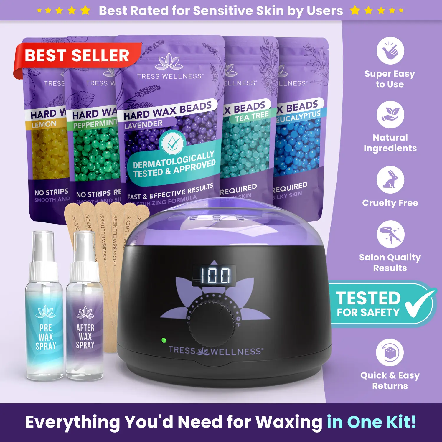 Complete Waxing Kit Set by Tress Wellness | Safe for Full Body Waxing | Armpit, Face, Legs, Brazilian and Bikini Waxing at home | At Home Waxing Kits for Women & Men | Sensitive Skin | Body Care | Waxing Hair Removal Hypoallergenic Wax Beads Hard Wax Kit