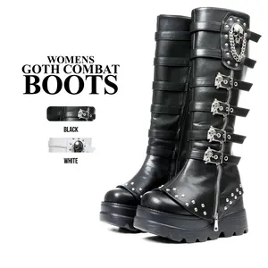Womens Punk Style Knee High Boots Round Toe Platform Wedge Heels Side Zipper Buckle Rivet Chain Pull On Fashionable Stud Comfortable Party Outing Casual Spring Goth Boot