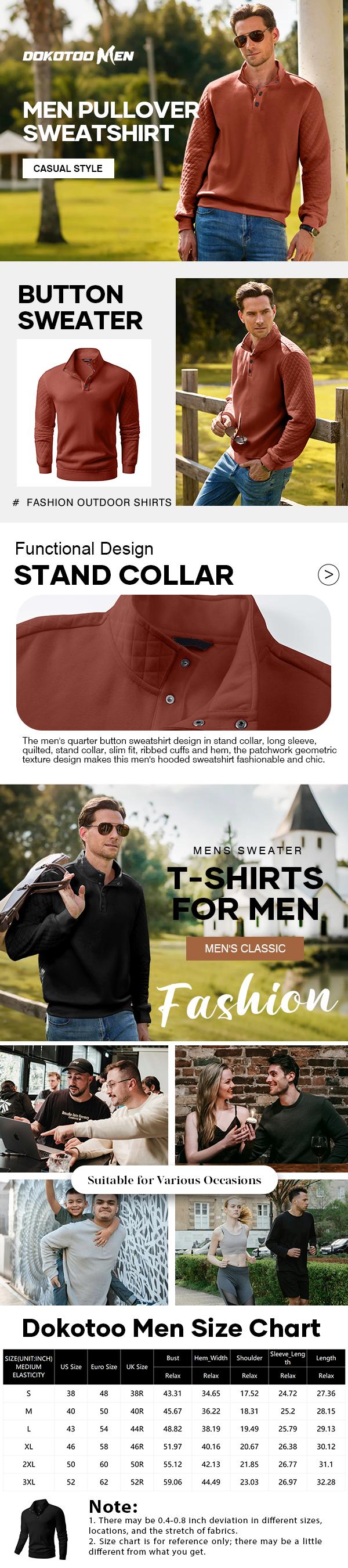 Men's Thermal Fleece Quarter Pullover Quilted Snap Sweater Casual Long Sleeve Stand Collar Button Sweatshirt