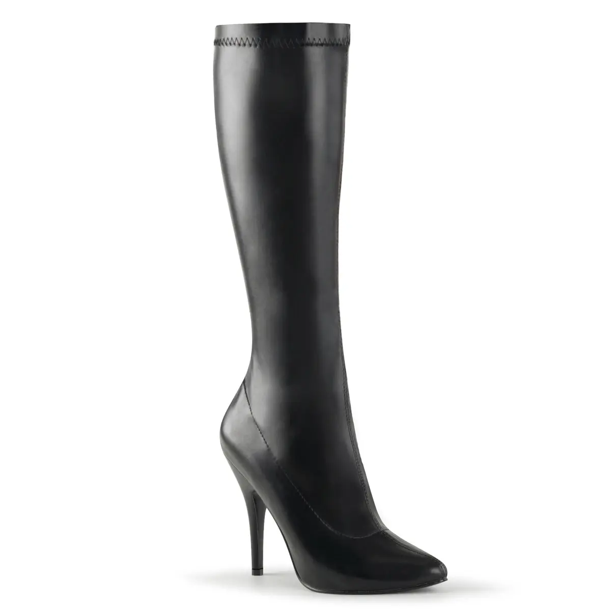 Pleaser Seduce-2000 Women's Stylish Knee-High Boots, Plain Stretch Black Vegan Leather, 5" (12.7cm) Stiletto Heel, Full Side Zip Footwear, 5" (12.7Cm) Heel, Easy Access, 5 In