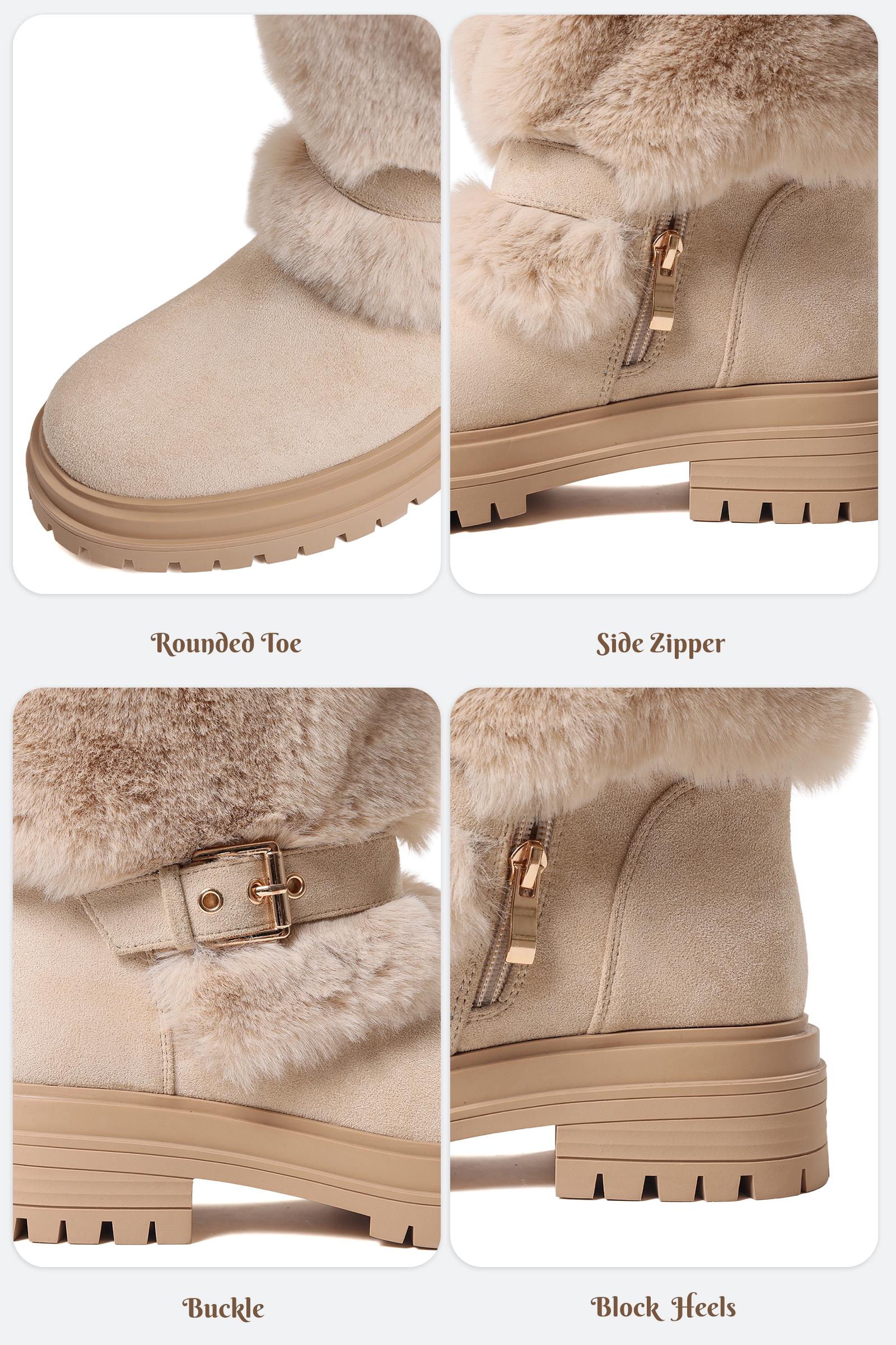 CYNLLIO Womens Knee High Snow Winter Boots Faux Fur Rounded Toe Platform Heels Fashionable Buckle Side Zipper Comfy Office Party Nightclub Outdoor Walking Casual Spring Suede Boots