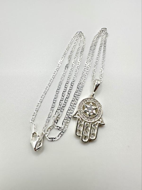 Hamsa Hand of Fatima with Evil Eye  925 Sterling Silver Pendant with 20” Marine Chain — Symbol of Protection & Good Energy