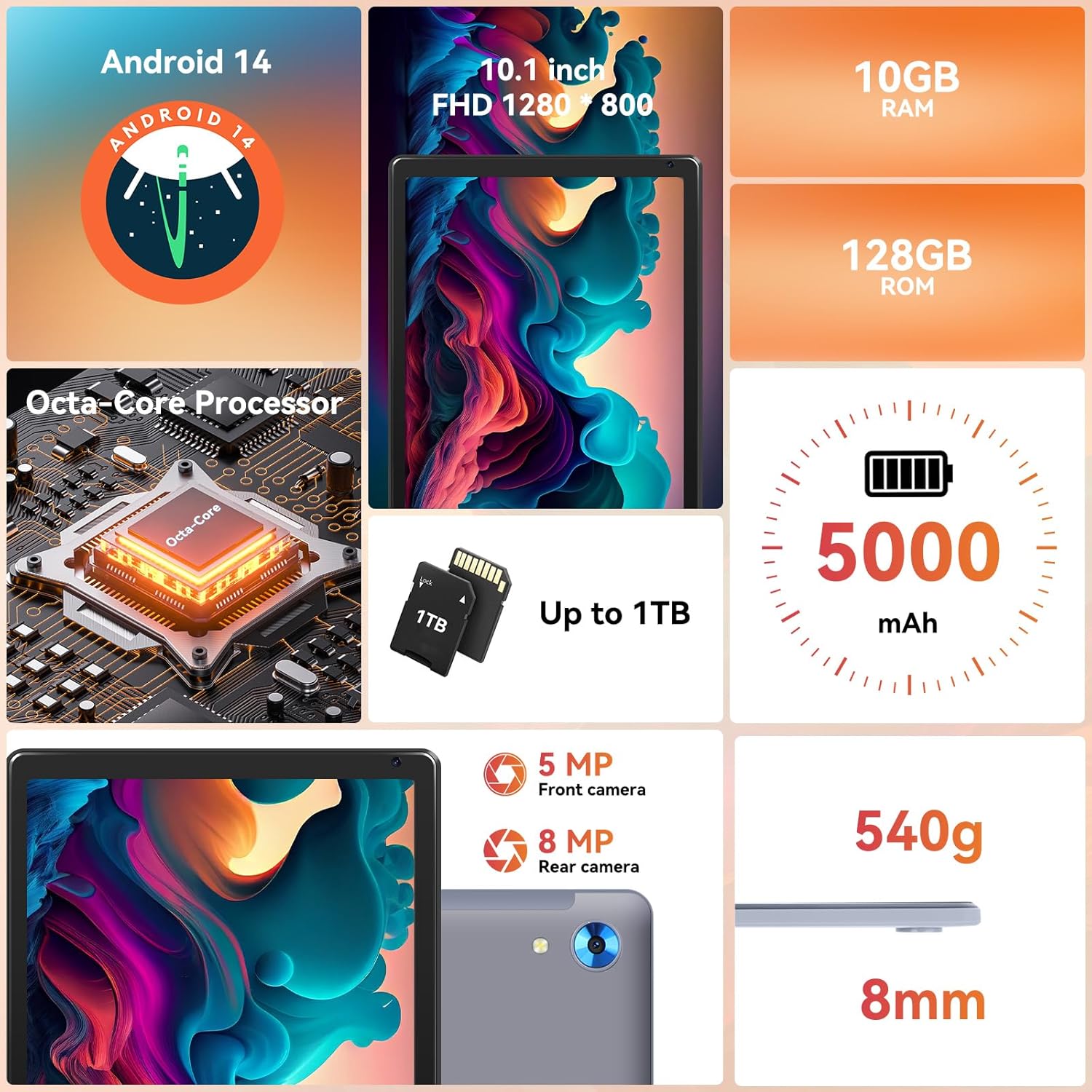 Aeezo Tablet 10.1 Inch Android 13/14  Quad/Octa-Core 64GB ROM, Big Screen, Brightly Color, Large Capacity And Low Consumption, Learning Tablet