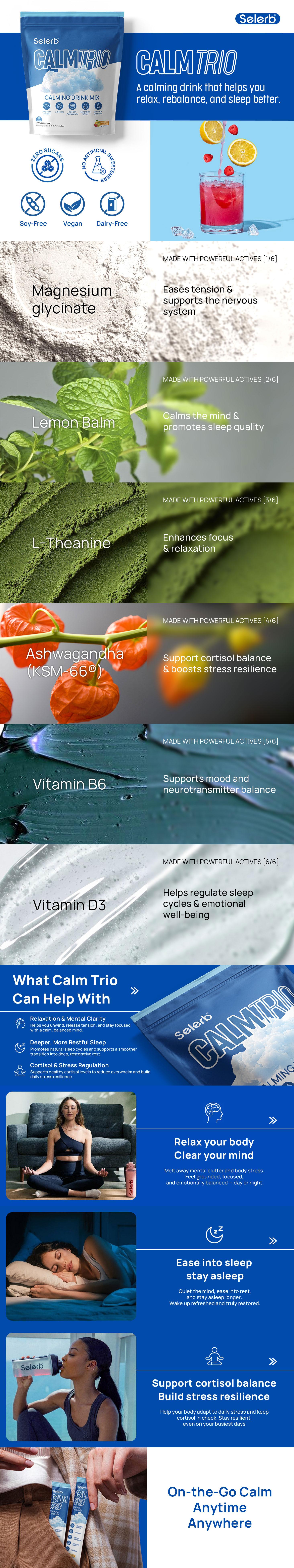 CalmTrio Cutting Drink Mix - Magnesium Glycinate, L-Theanine, KSM-66 Ashwagandha, Lemon Balm, Vitamin D3, B6 | Supplements for Relaxation, Focus & Calm - Raspberry Lemon - 20 Servings