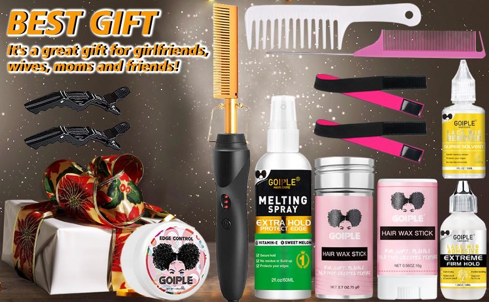 19 counts Electric Hot Comb Hair Straightening Comb Curling Iron for Wigs and Natural Hair，Lace Front Wig Black Women Lace Glue Wig Install Kit，Pressing Combs Wig Glue Hair Wax Set Comfort Salon