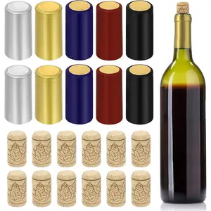 60Pcs 5 Colors Silver Black Red Gold Blue PVC Heat Shrink Capsules and atural Straight Wine Bottle Cork Tops Stopper Assortment Kit, Sealing Plug Bottle Cap with Shrink Wrap for Wine Bottles