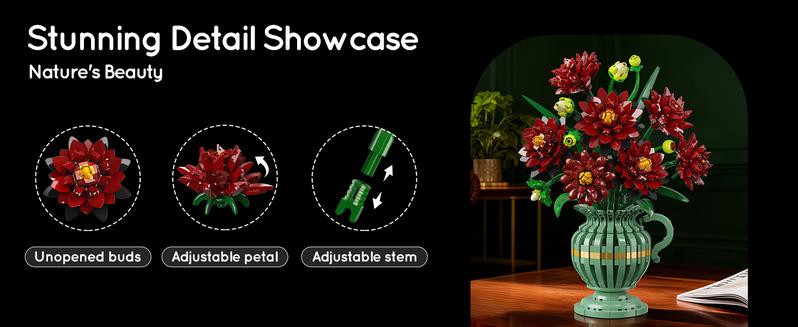 Black Dahlia Flowers Bonsai Building Set, Botanical Collection Building Block, Artificial Plant Kit Home Decor, 503 PCS Flower Bouquet Birthday Gift for Her Adults Kids Boys Girls 12+