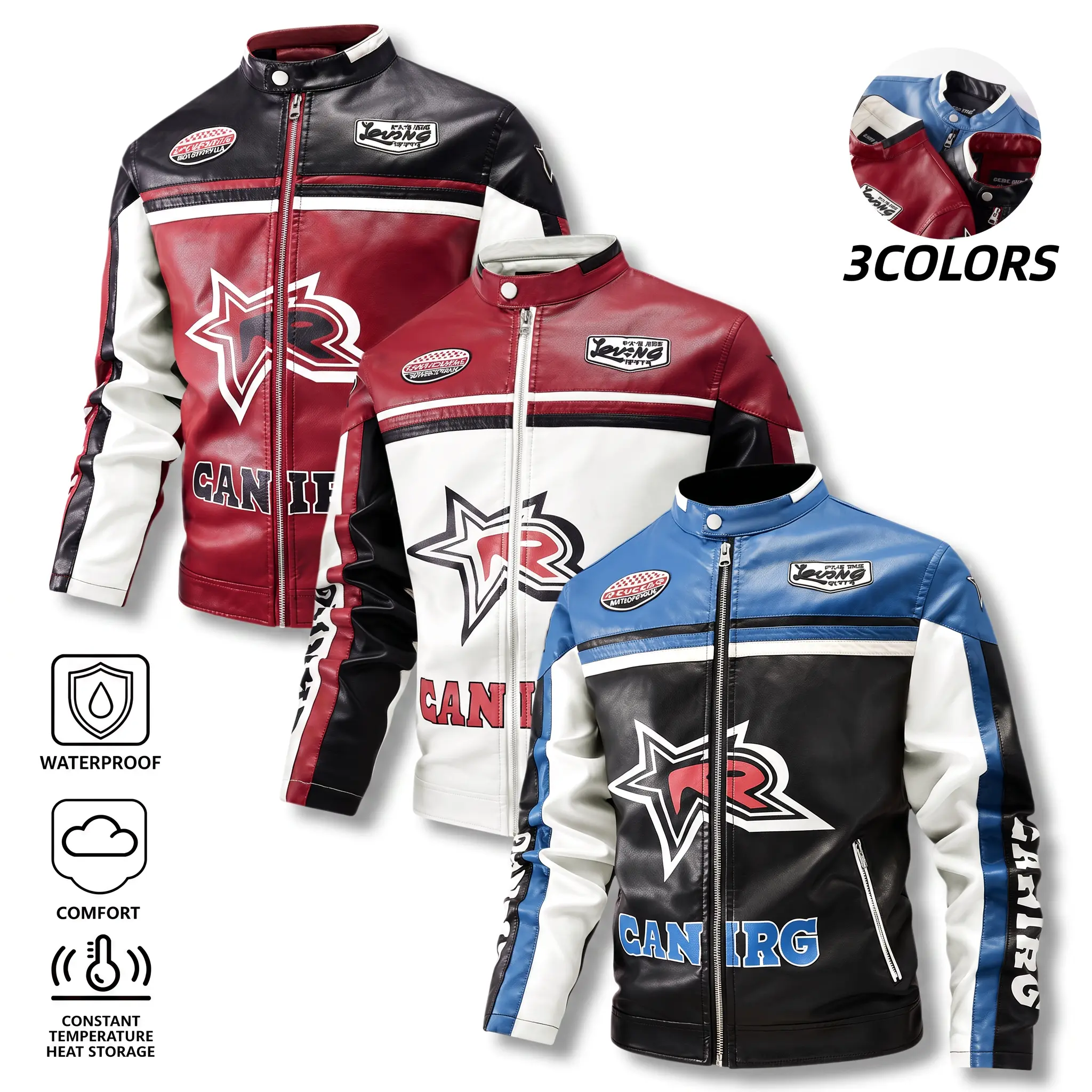 Men’s Speed Party vintage racing faux leather jacket, color block stand collar full zip riding outerwear with embroidered badge letter print, waterproof PU streetwear jacket