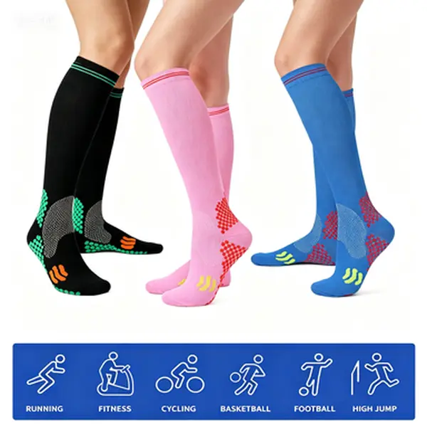 3Pairs Knee-High Compression Socks,Breathable Mesh,Anti-Slip,Moisture-Wicking,Shock Absorption,Point Pressure Design,for Running,Hiking,Cycling,Ball Games and Gym Fitness