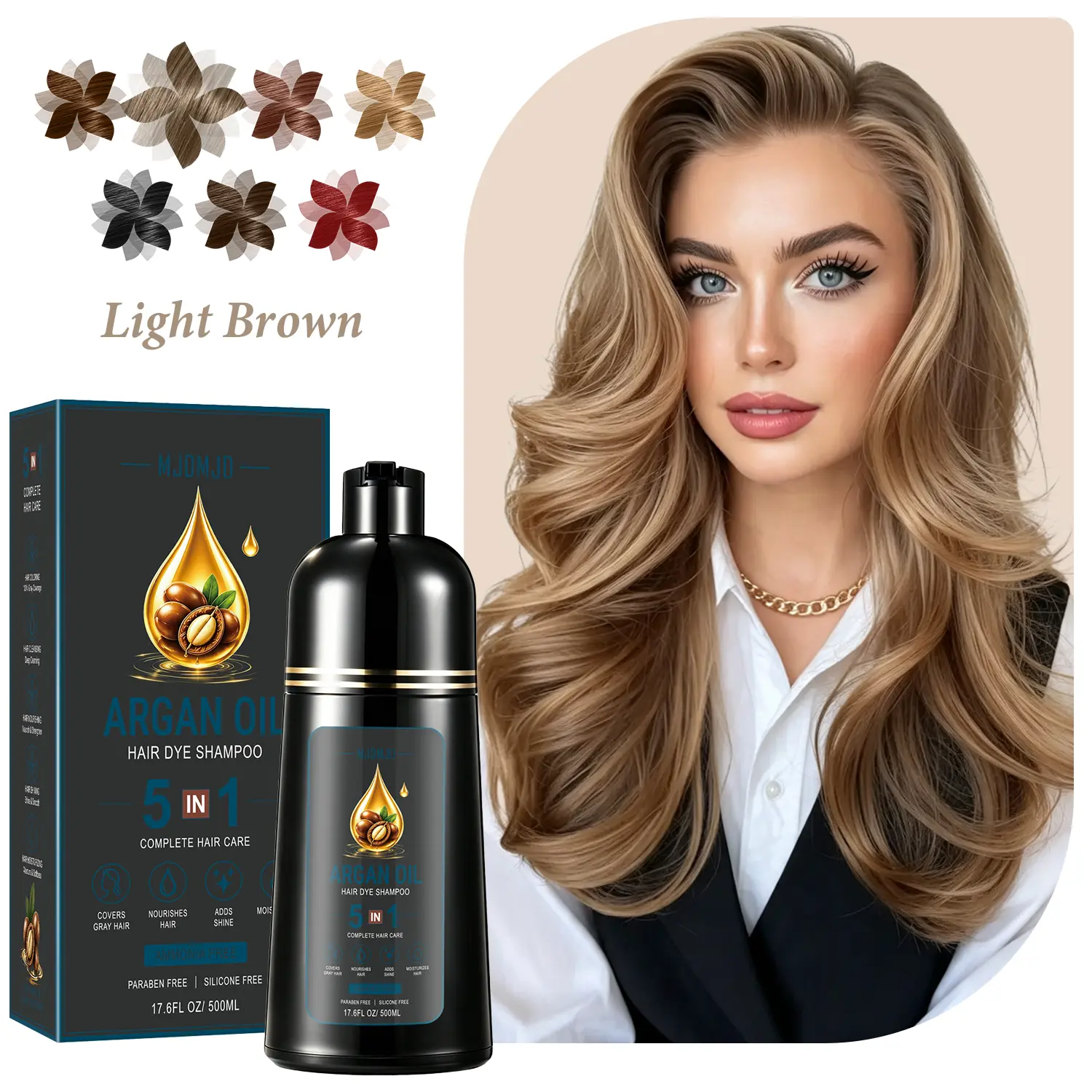 Instant Light Brown Hair Dye Shampoo for Gray Hair 5 in 1, Hair Dye Color Shampoo for Women Men, Shampoo Hair Dye for Root Touch Up, Easy To Use, Long Lasting Brown Hair Dye, 17.6 Fl Oz