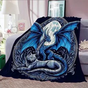 Dragon & Wolf Pattern Blanket, Soft Throw Blanket, Cool Bedroom Bedding Blankets, Warm Cozy Couch Sofa Bed Blanket, Animal Themed Gift Room Decor, Blanket Gifts