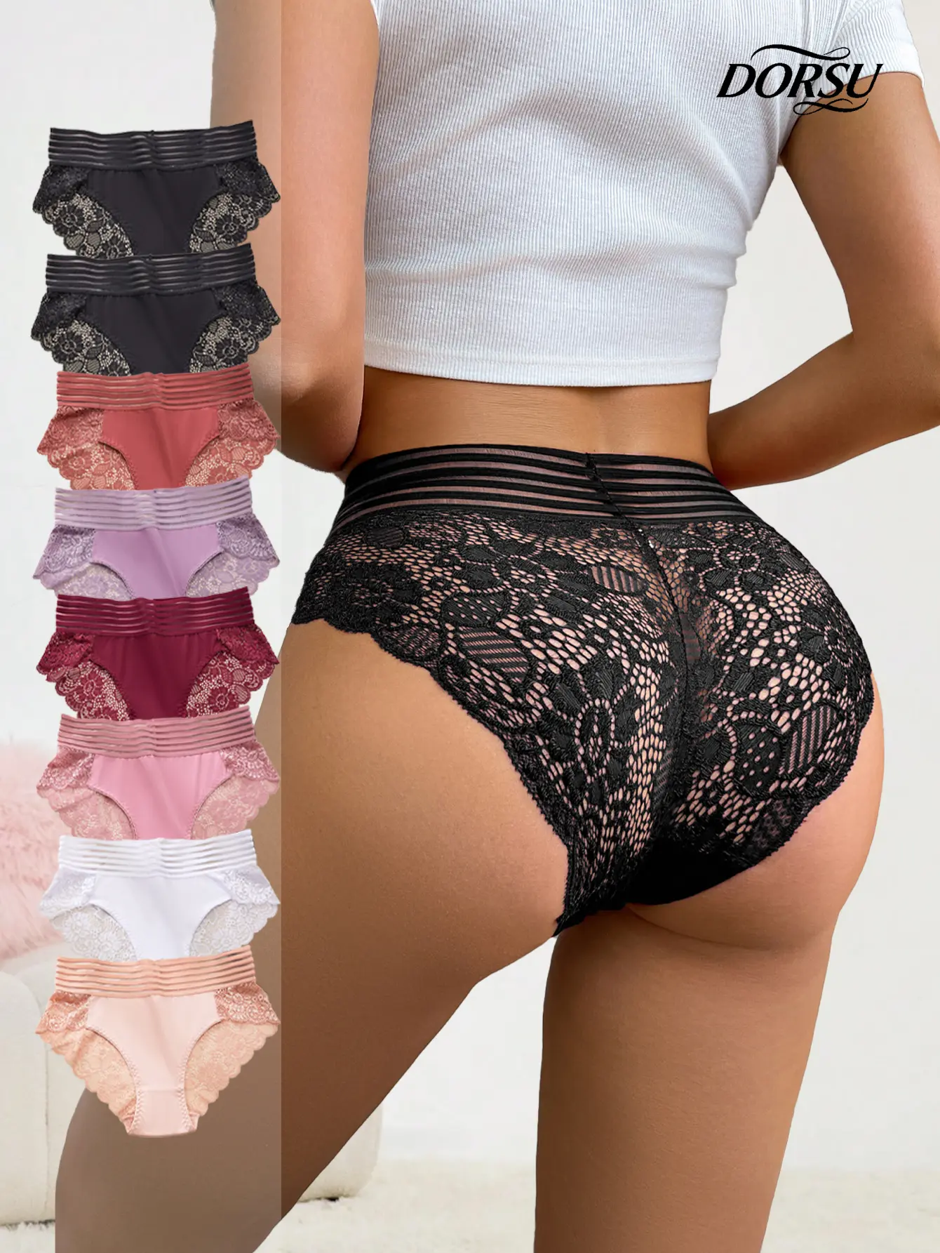 DORSU 8PCS Women's Premium Lace Panties Antibacterial Cotton Crotch Soft Skin-Friendly Stretchy Breathable Dry Non-Stuffy