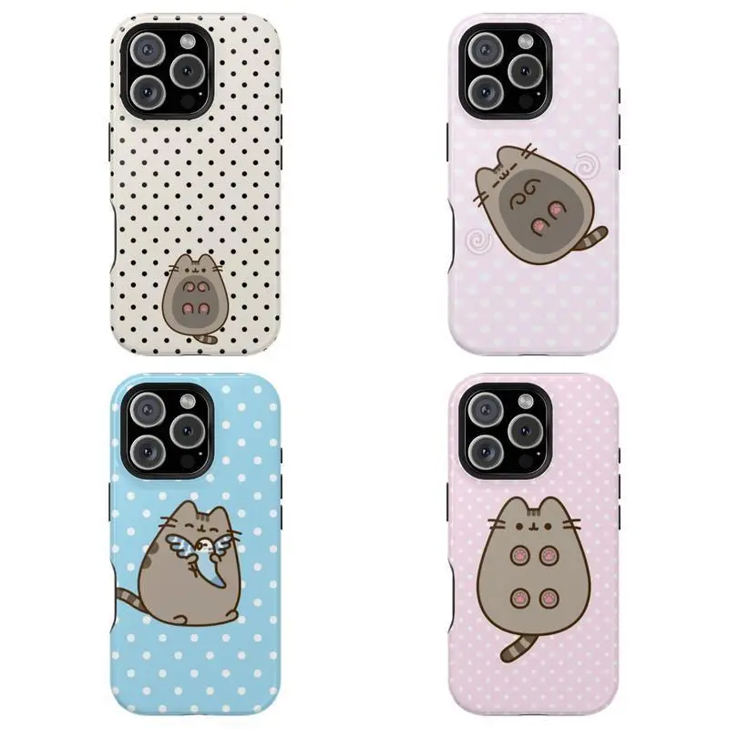 Kawaii Aesthetic Pastel Polka Dot Pusheen Cat Polycarbonate Smartphone Case - Custom Tough Shockproof Rubber Casing with Resistance & Protection for iPhone 11-17 Pro Max Plus, Mobile Phone Accessory
