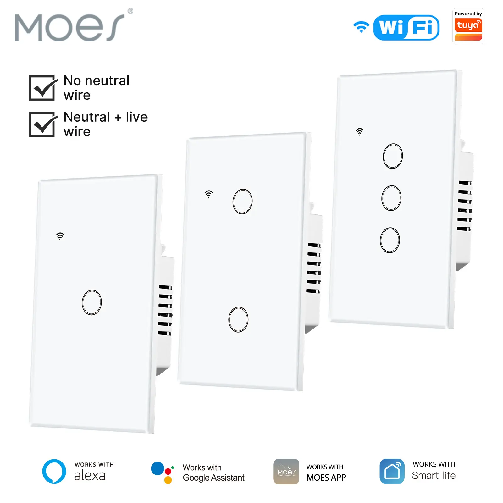 MOES Smart Touch Glass Panel Smart Switch - 1 Gang, 2.4GHz Wi-Fi, 5Watts, Single Fire Single Pole, No Neutral Wire Needed, Energy Efficient, App Control, Voice Control, Fire Retardant, Timer Auto-Off, Indoor Use, Works with Alexa and Google Home, Wifi Wal