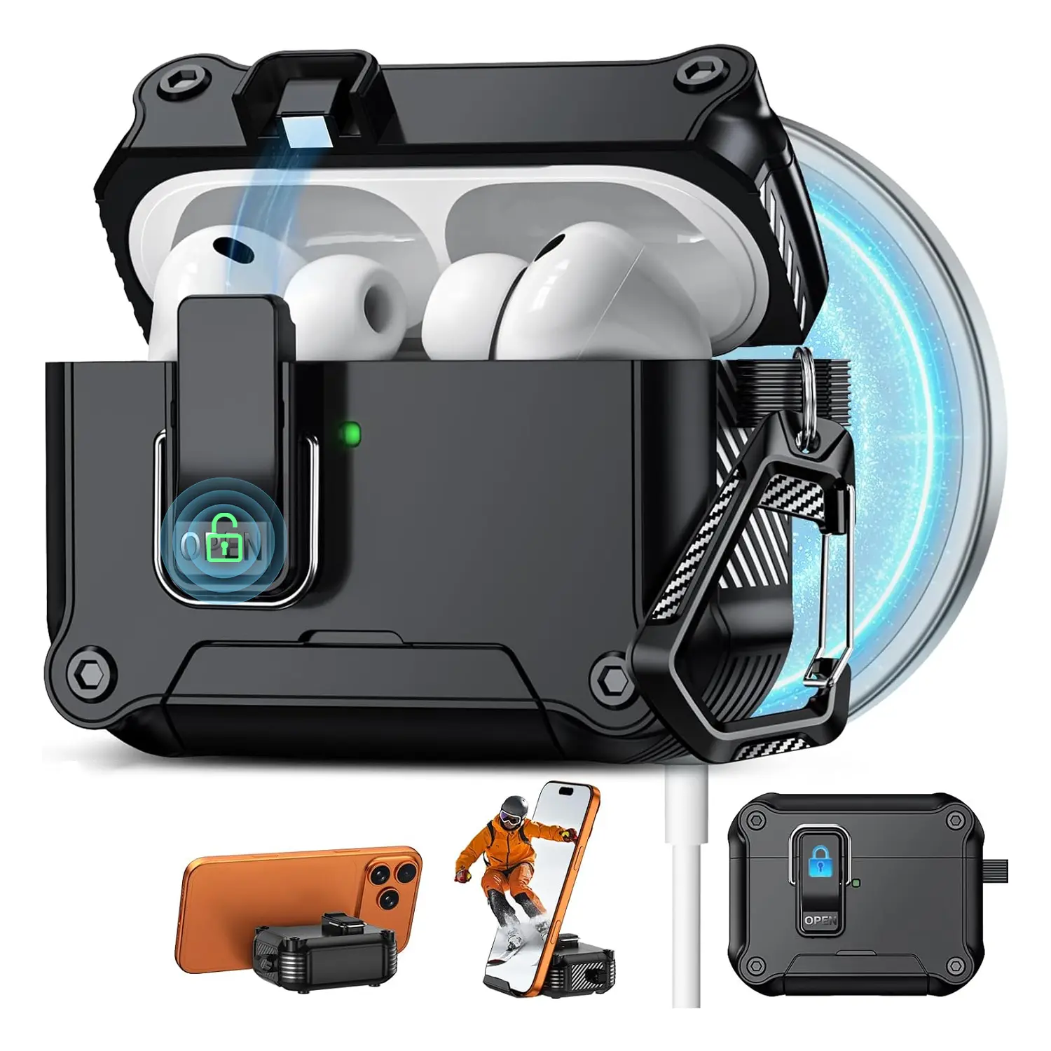 Full-Body Hard Shell Protection Case for AirPods Pro 1/2/3/4, with Magnetic Lock, Automatic Lock, Keychain & MagSafe Compatibility, Heavy-Duty Cover,back to school,back to school haul