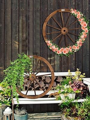 VINGLI 24" Decorative Wooden Wheel (Set of 2), Vintage Old Western Style Wall Hanging Wood Wagon Wheel for Bar, Garage, Patio, Carbonized Solid Fir Wood