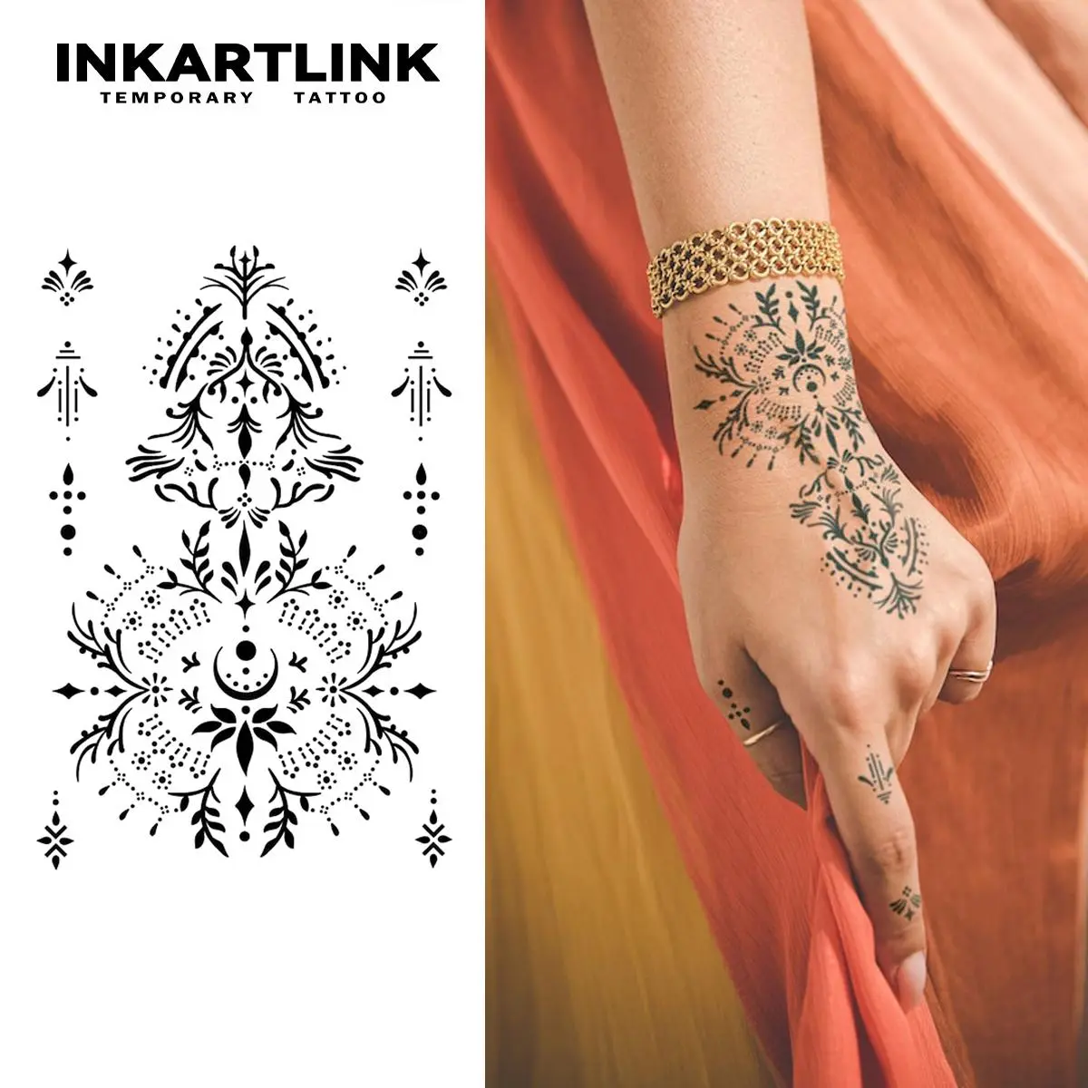 INKARTLINK Tattoo Tech, Henna Series,2 Sheets Medium Semi Permanent Tattoo, Adult Art Design Temporary Tattoos, Lasts 1-2 Weeks, Waterproof, Realistic Look, No Adhesive, No Reflection (Haina Design 6)