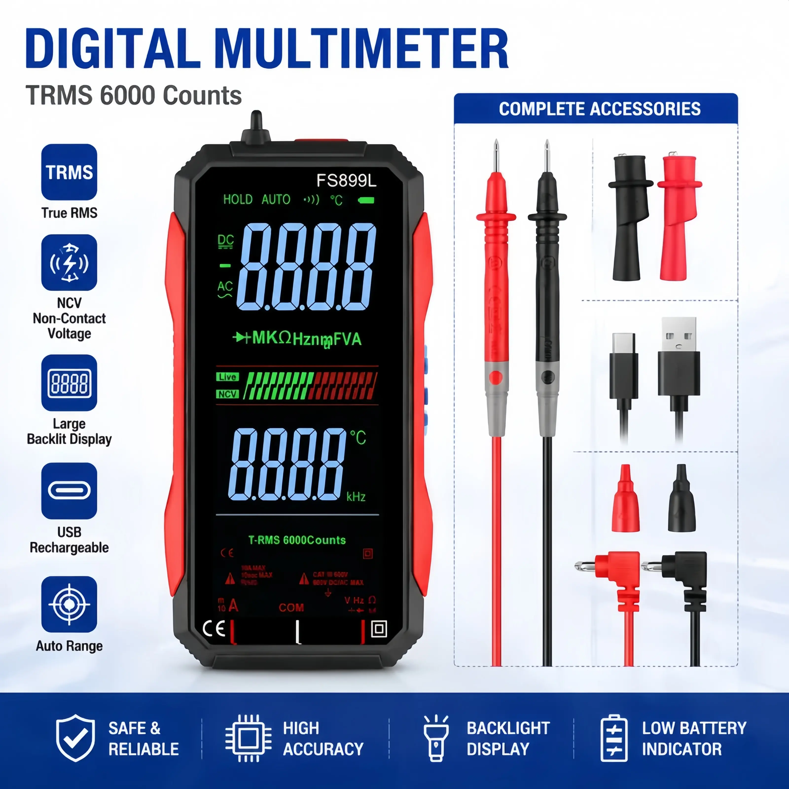 TRMS 6000 COUNTS VOLTMETER— Large Backlit Color Display, Built-in NCV Non-Contact Detection — Professional-Grade Portable Repair Tool for Electricians, Home Use, and DIY Projects