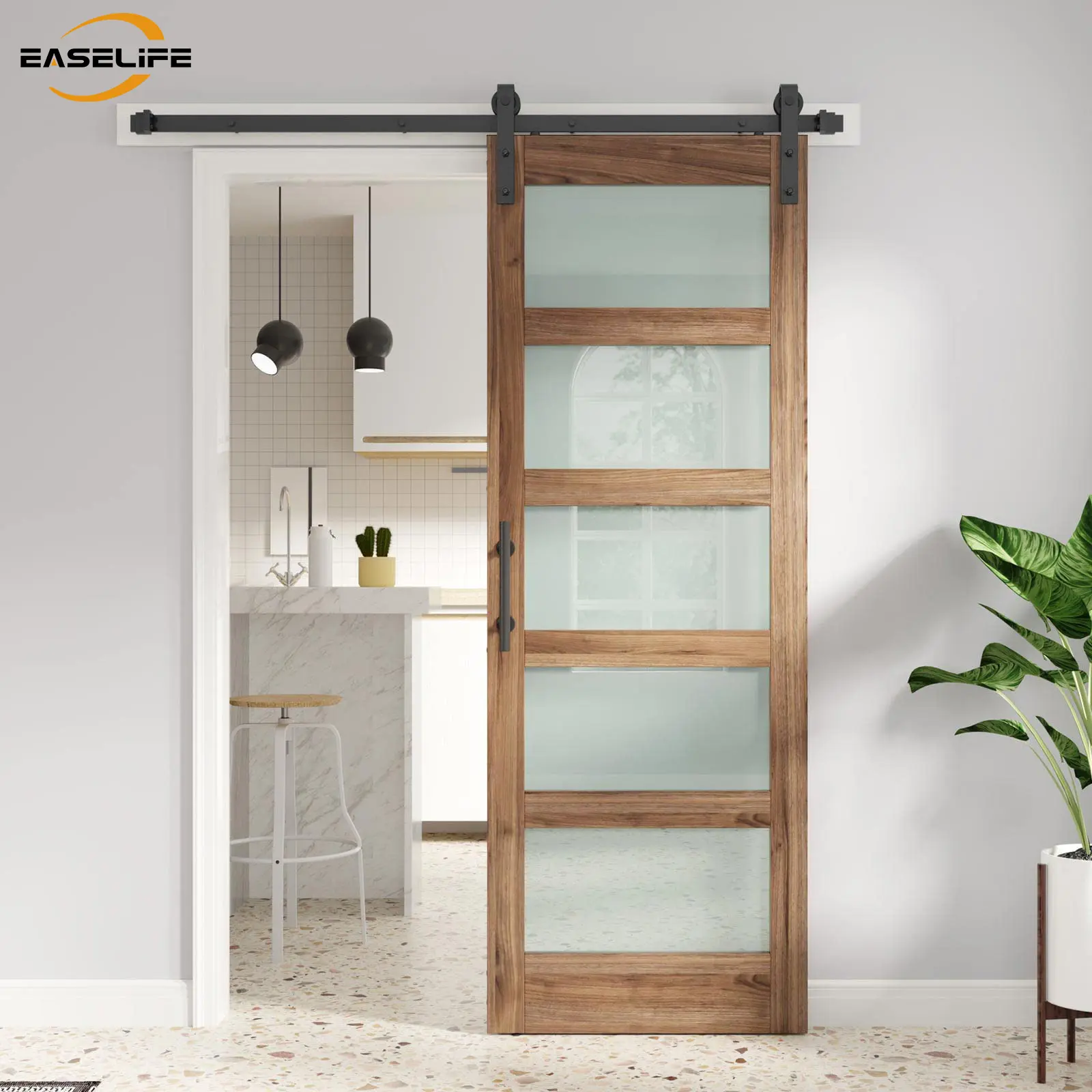 Easelife Sliding Barn Door (Slide Door) - LVL Wood Glass with Frosted Privacy Panels, Rustic Finish, Black Carbon Steel Hardware Kit, Easy Installation, Contemporary Modern Homes Decor, Adds Elegance and Warmth, International Warranty