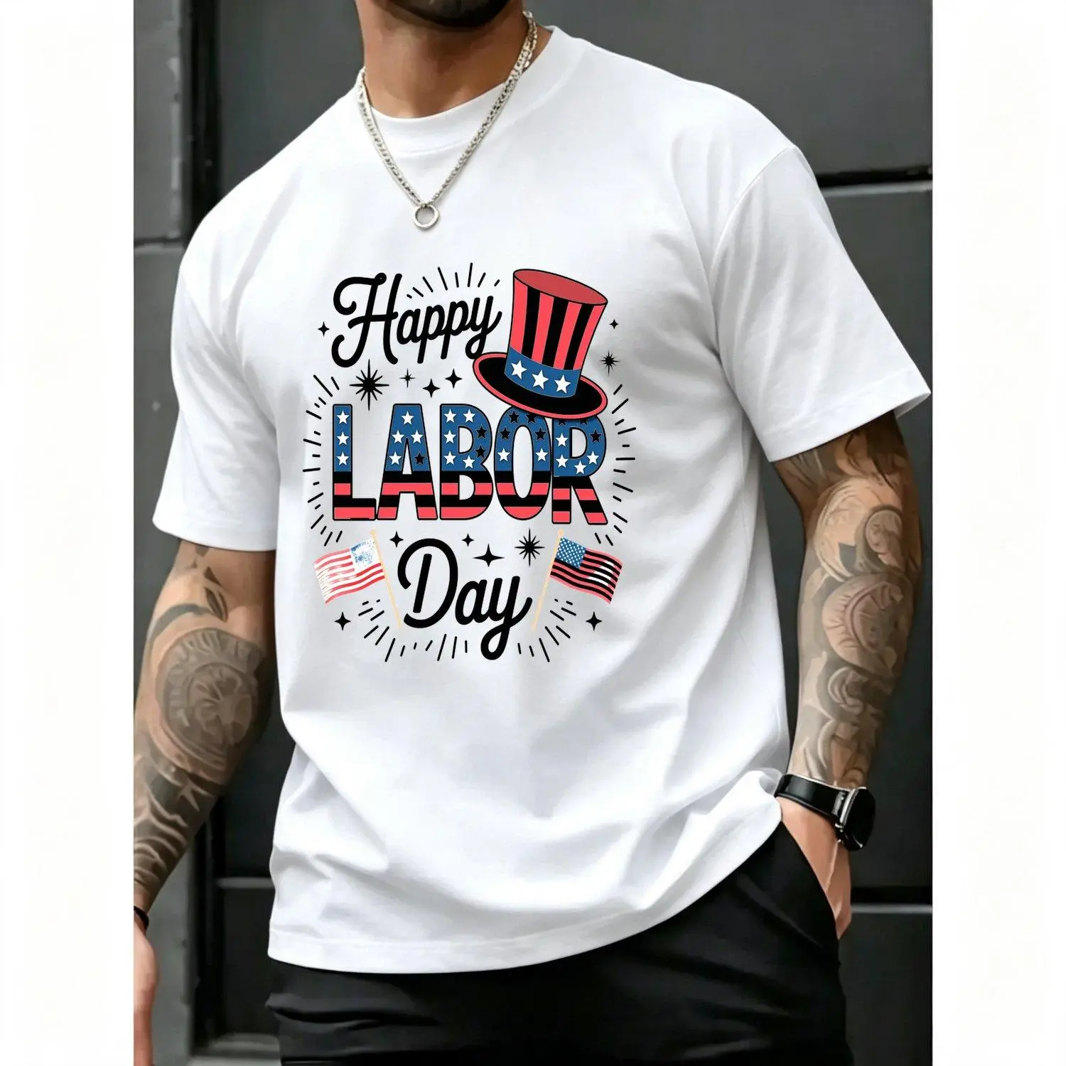 Men's Short Sleeve Heavyweight Labor Day Patriotic Union Worker Graphic Tee with Construction Site Round Neck Casual Shirt Suitable for Construction Workers Union Pride Apparel