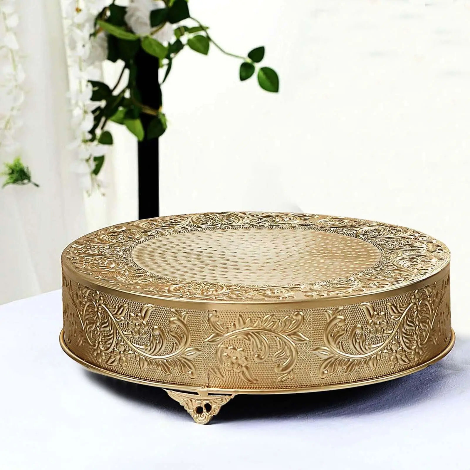 18" Gold Metal Cake Stand - Round Matte Embossed Pedestal, Cupcake Display Riser, Dessert Tray for Wedding & Luxurious Events, Metal Cake Stands