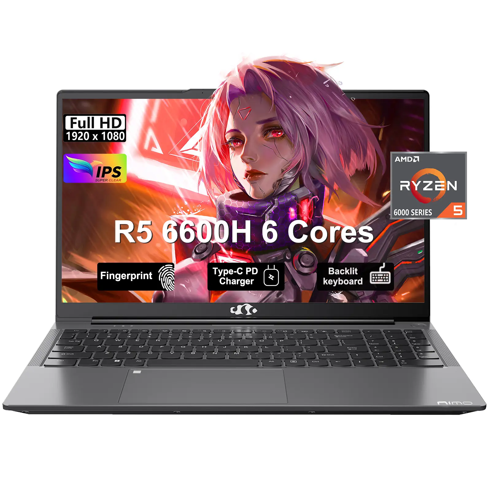 Nimo 15.6'' FHD IPS Micro-Edge Laptop - AMD Ryzen 5 6600H 6-Core Gaming & Productivity Laptop, Built-in Fingerprint Scanner, Backlit Keyboard, Numpad, Type-C 100W PD Fast Charger