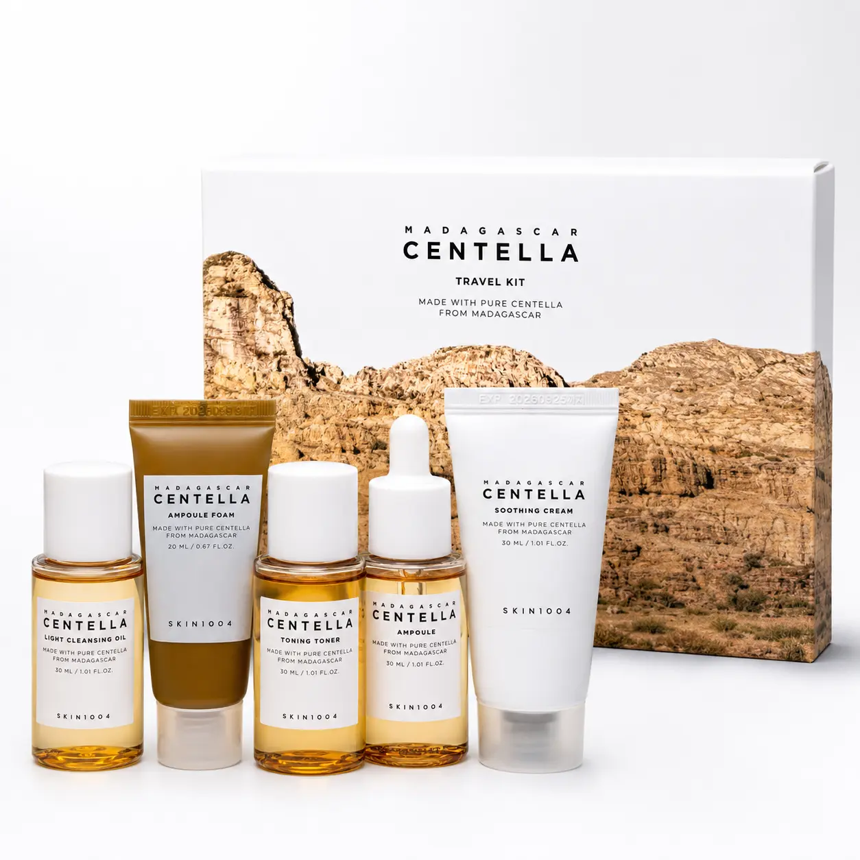 Skin1004] Madagascar Centella Travel Kit, Toner, Ampoule, Soothing Cream, Cleansing Oil, Ampoule Foam, Basic Skincare Box, Compact Size, Gift Sets.