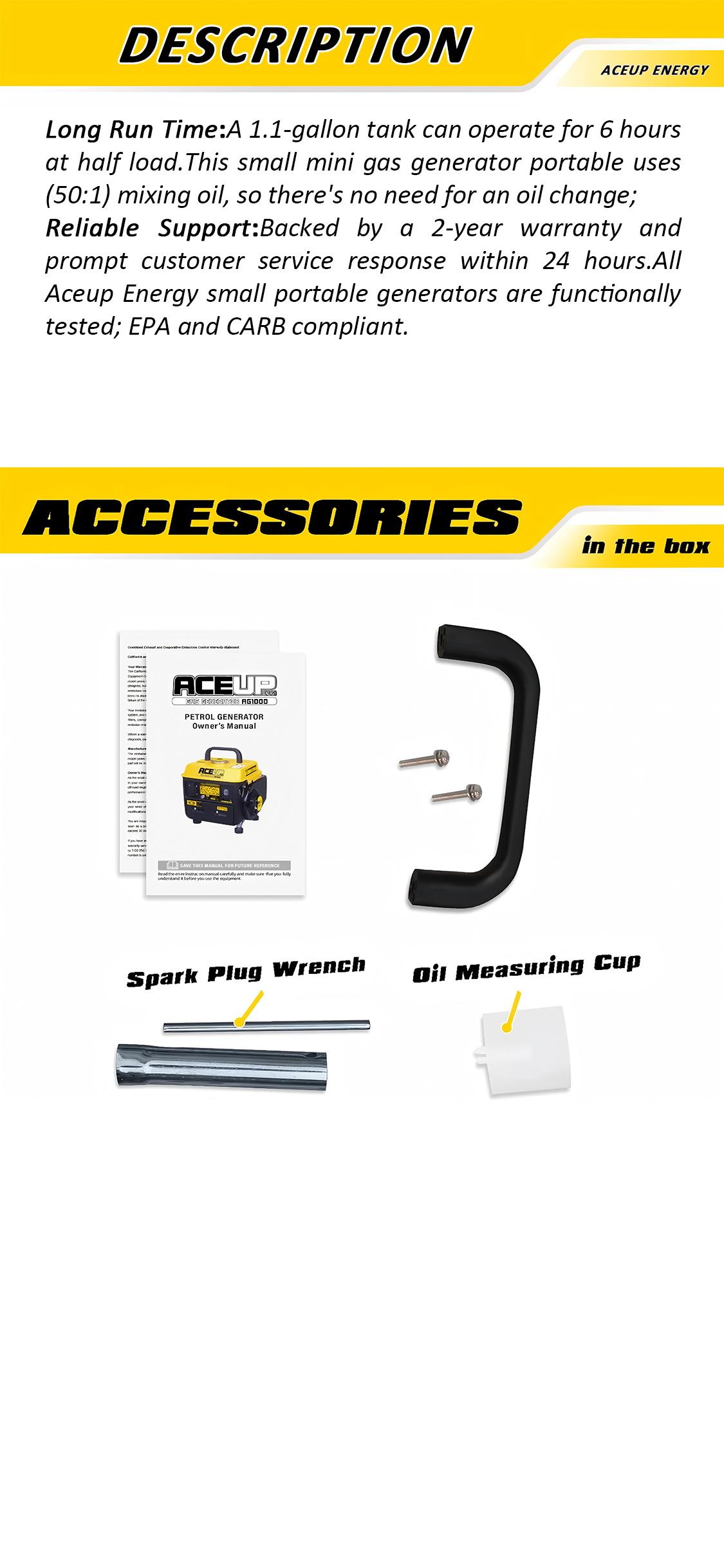 Aceup Energy AG1000 1000W 2-Stroke Gas Powered Portable Generator with EPA & CARB Compliant for Home Use & 2-Stroke Gas Engine