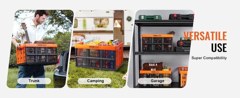 VEVOR Plastic Collapsible Storage Basket, 45L 3 Packs, Folding Stackable Storage Containers/Bins with Handles, Large Heavy Duty Containers for Clothes, Toys, Books, Snack, Shoes and Grocery Box