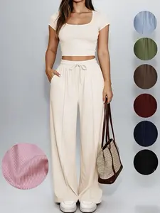 VVZ Women's  Scoop Neck 2 Piece Matching Lounge Sets Ribbed Short Sleeve Crop Tops Wide Leg Pants Summer Airport Outfits
