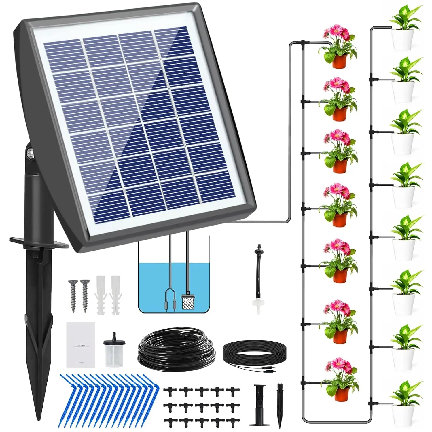 Solar Automatic Drip Irrigation Kit for 10/20 Potted Plants Solar Powered Auto Easy DIY Watering System, 6/12 Timing Modes for Plants, Green House
