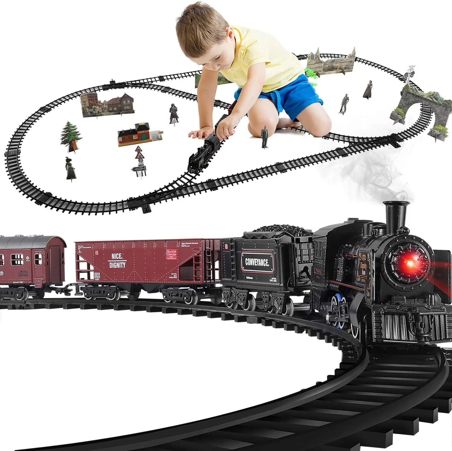 Alloy Metal Electric Diecast Model Train Toyset - 3-Car Set Action, 3 Miniature Remote Control Train Track Cars, Figurine Set, Working Lights, Realistic Sound, Simulated Smoke - Ideal for Christmas, Birthday Gifts
