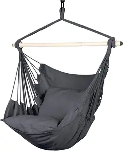 Hammock Chair Hanging Rope Swing - Max 300 Lbs - 2 Cushions Included - Steel Spreader Bar with Anti-Slip Rings - for Any Indoor or Outdoor Spaces (Grey)