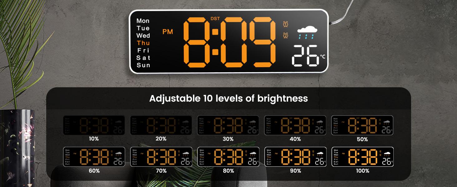 8.98" Digital Clock with Date, Week, Temp, Humidity, DST, Timer, Auto-dimming for Living Room Classroom Gym Church Shop Garage Wall LED