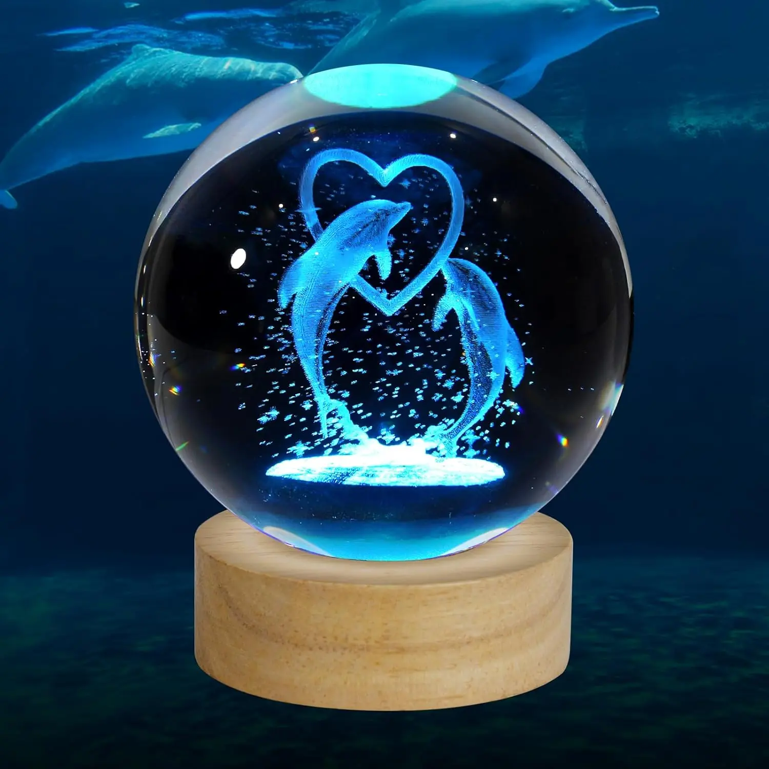 3D Laser Engraving Crystal Dolphin Ball Light with 16Color RGB Glow LED Base - Remote-Controlled Color-Changing Table Lamp, Room Accessories, Home Decor Items, Unique Gifts for Women (Valentine's Statue)