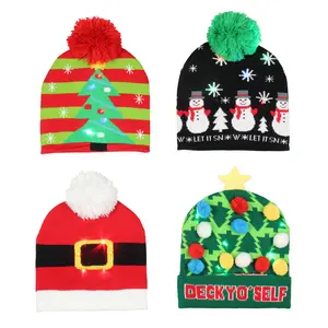 Festive Holiday Novelty Adult Light Up Knit Beanie Pom Pom Winter Hat Cold Weather Cap OSFM for Men Women