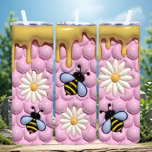 1pc 20oz Pastel Honeycomb Bee Daisy Tumbler with Lid, Insulated Travel Mug, Gift for Women Men, Ideal for Halloween, Independence Day, Memorial Birthday Gift, Coffee Cup, weird stuff